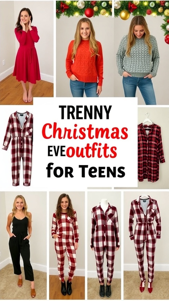 Aesthetic Christmas Eve outfits for teens displayed in a festive setting.
